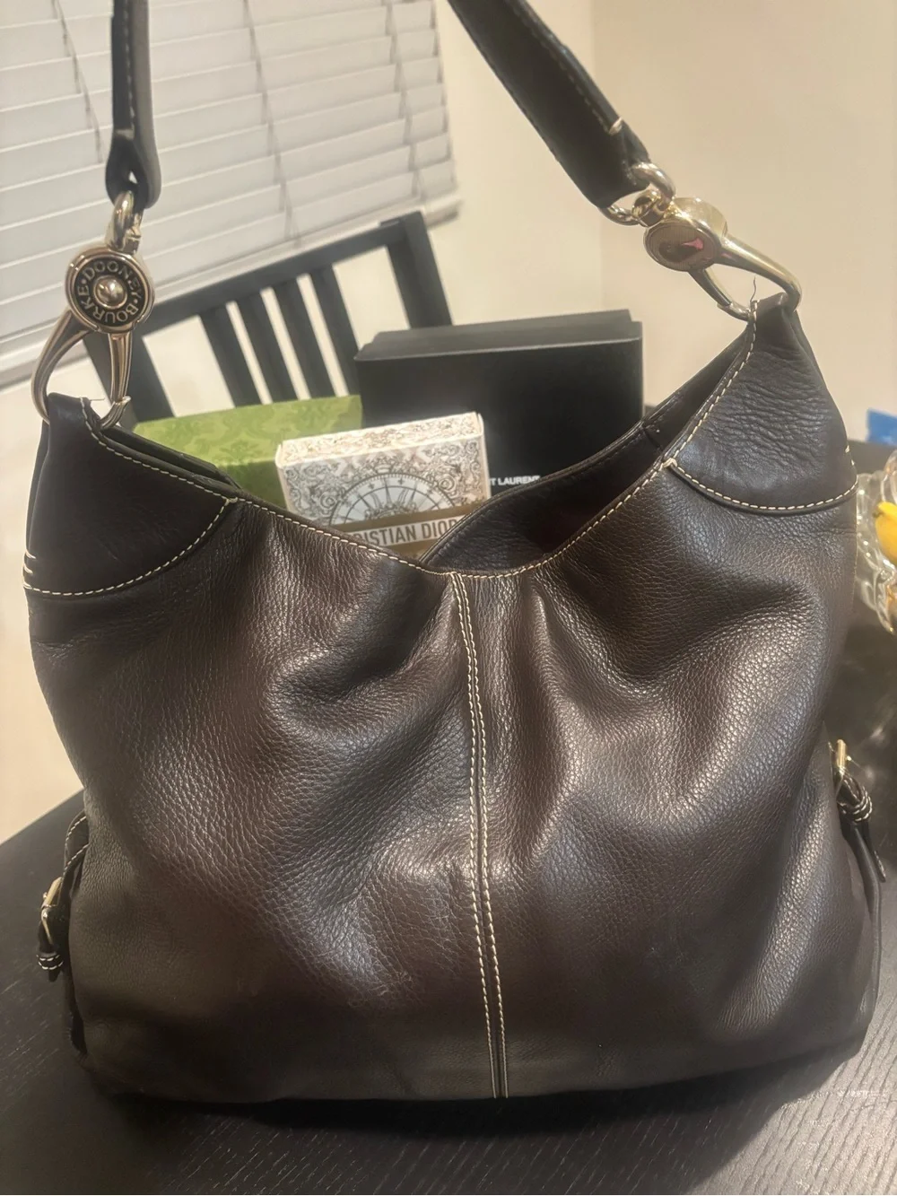 Dooney & Bourke Dark Brown Pebbled Leather Hobo with Gold Hardware